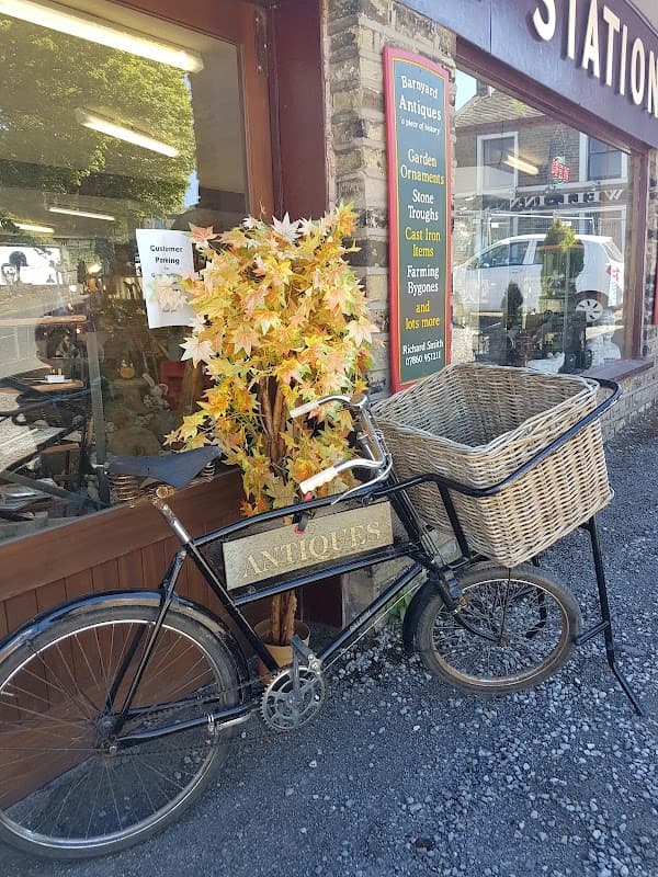 Antique shop entrance featuring a vintage bicycle, a wicker basket, and a decorative plant with colorful leaves.