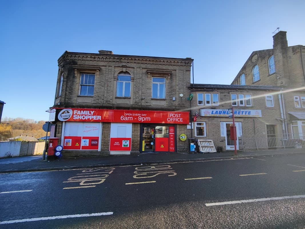Holywell Green Post Office with red signage, "Family Shopper" store, and laundry service nearby.
