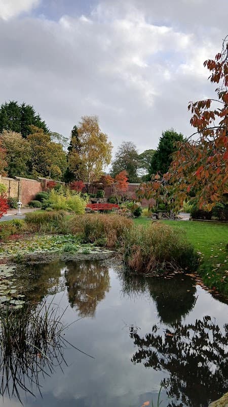 Lush garden with vibrant autumn foliage, a tranquil pond reflecting trees, and stone walls in the background.