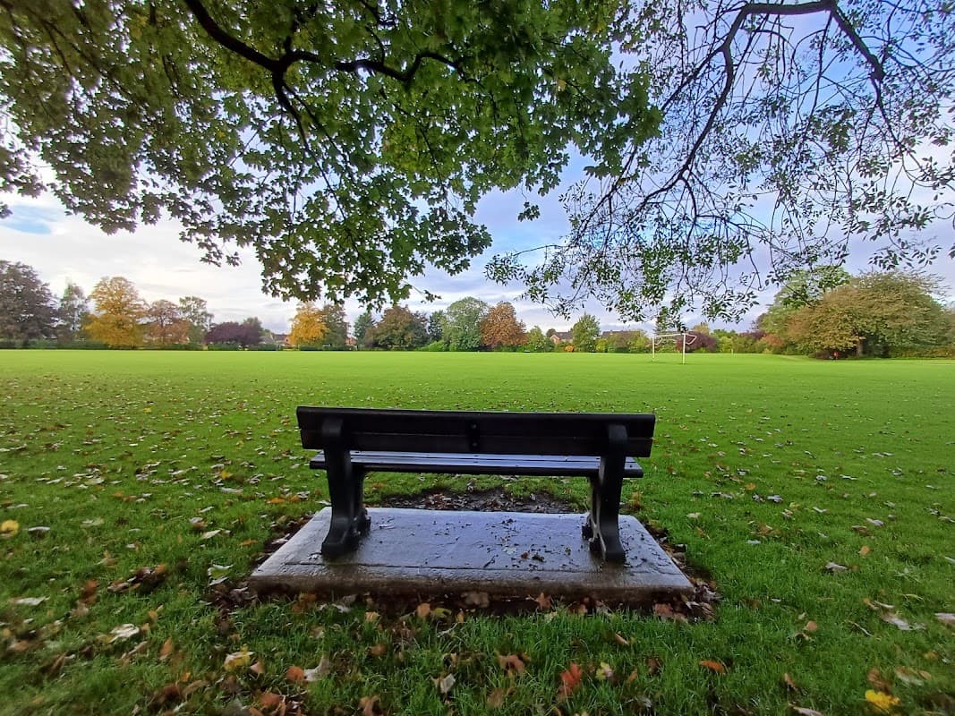 A black bench overlooks a green playing field surrounded by trees with autumn foliage in Howden, Yorkshire.