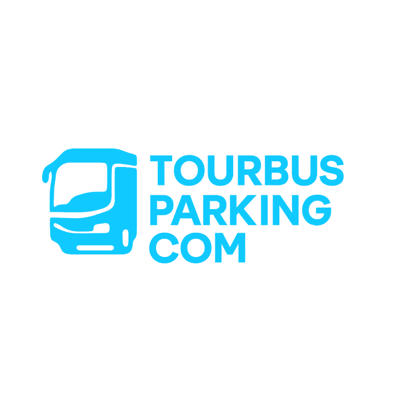 Logo for Tourbusparking.com featuring a bus icon and text in blue on a black background.