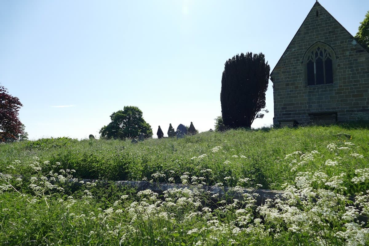 Historic stone church surrounded by lush greenery and wildflowers under a clear blue sky.
