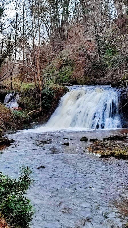 Waterfall cascading over rocks, surrounded by trees and greenery, with a flowing river in the foreground.
