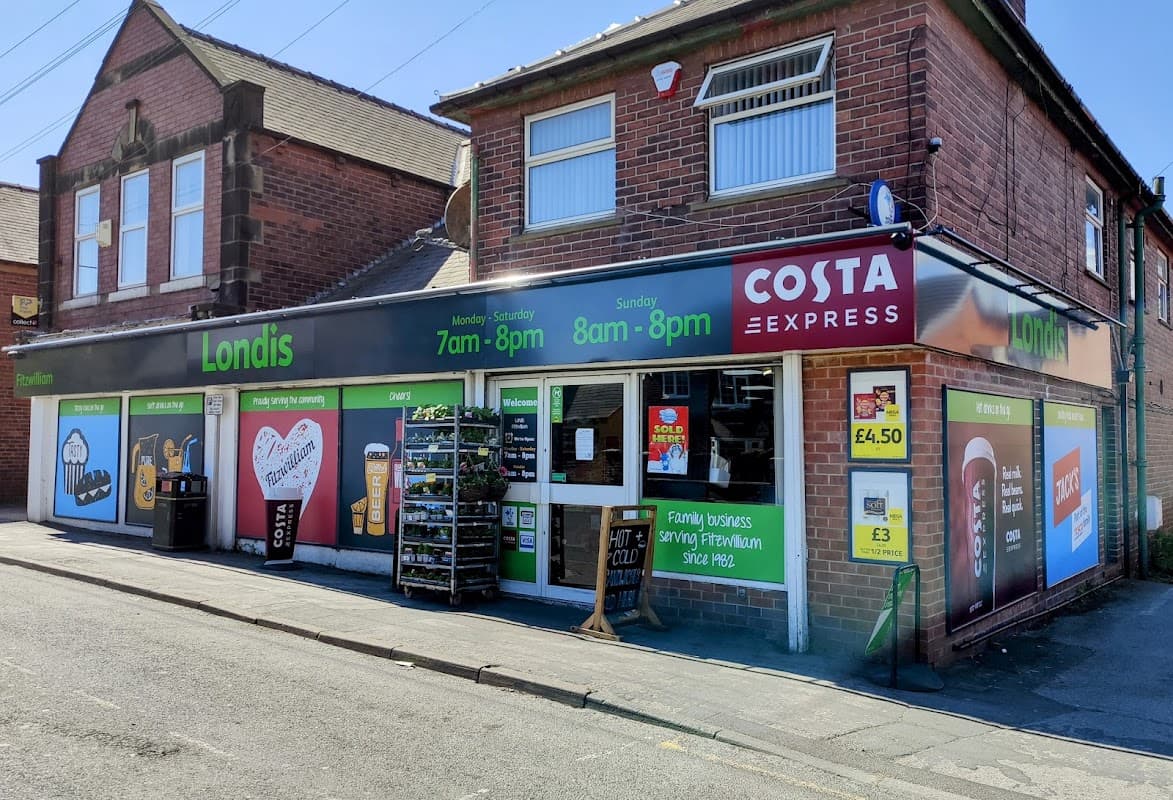 Londis grocery store with a Costa Express sign, open hours displayed, and colorful advertisements on the exterior.