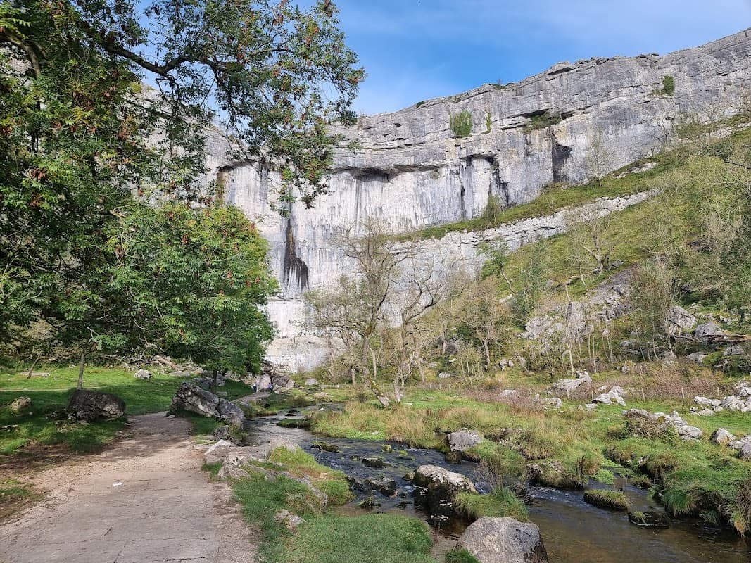 Lush green landscape with a stream, towering limestone cliffs, and a clear blue sky at Malham Cove, Yorkshire.