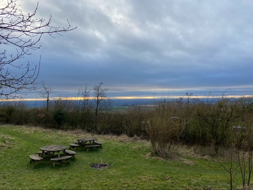 Picnic site with wooden tables on grassy area, surrounded by trees and a cloudy sky over a distant landscape.