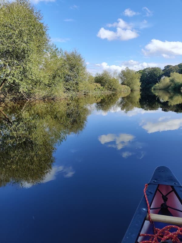 Serene river scene with lush trees reflecting in calm waters under a bright blue sky with fluffy clouds.