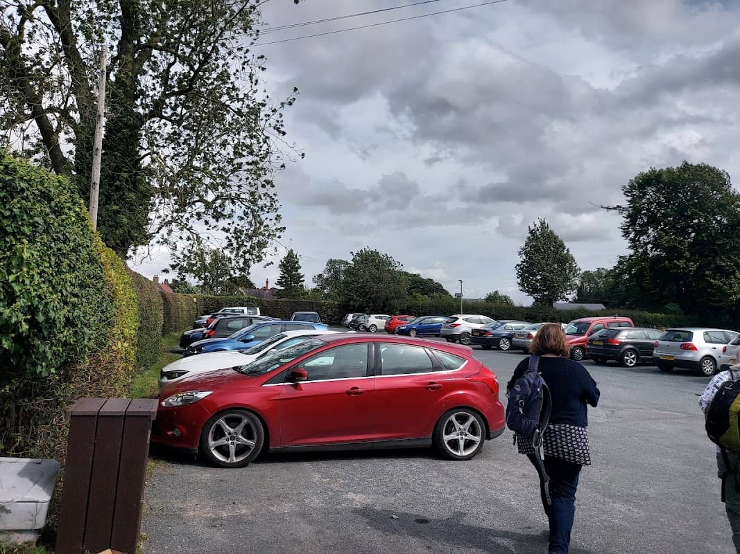 A busy car park featuring various parked cars, with a red car in the foreground and trees lining the background.