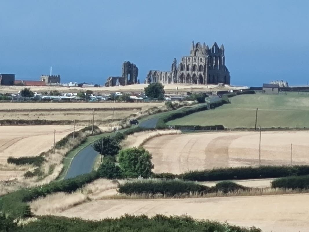 Highgate Howe Holiday Home Park with scenic views of fields and the ruins of Whitby Abbey in the distance.