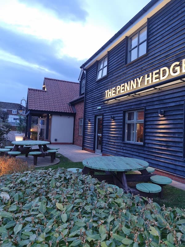 Exterior of The Penny Hedge bar with wooden benches, dark blue cladding, and a cloudy evening sky.