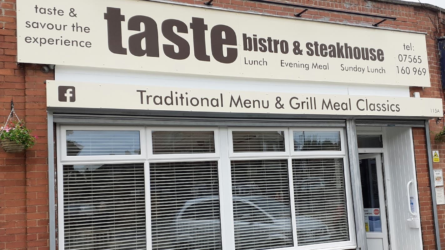 Sign for "Taste Bistro & Steakhouse" featuring lunch, evening meal, and Sunday lunch options in Maltby, Yorkshire.