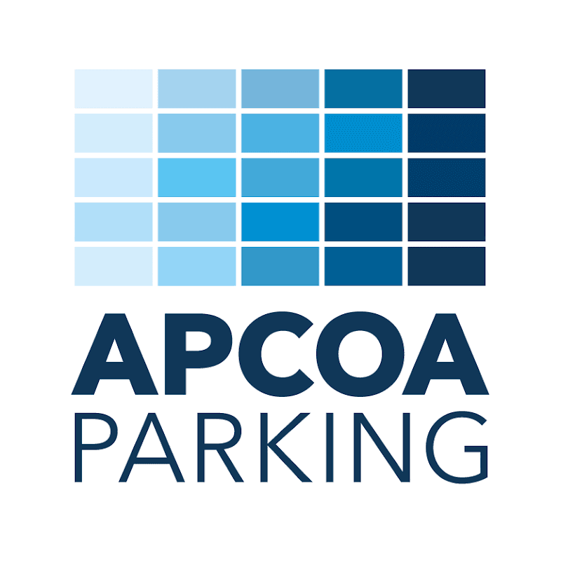 APCOA Parking logo with a grid pattern in shades of blue, featuring the text "APCOA PARKING" prominently below.