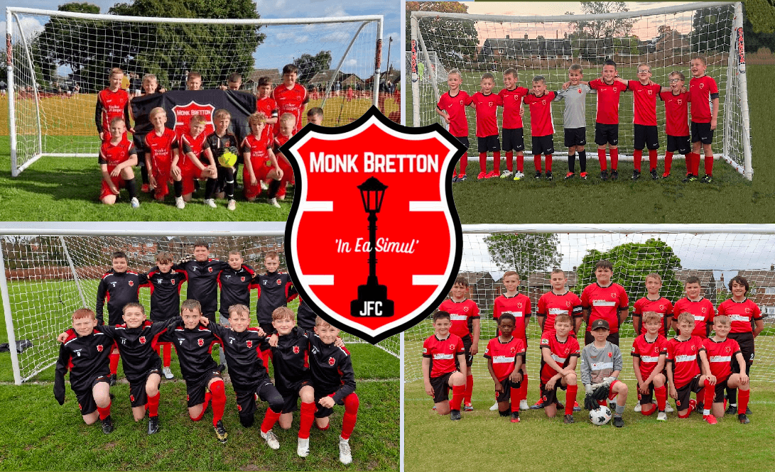 Youth football team in red jerseys poses on the field, featuring group photos and a club logo in the center.