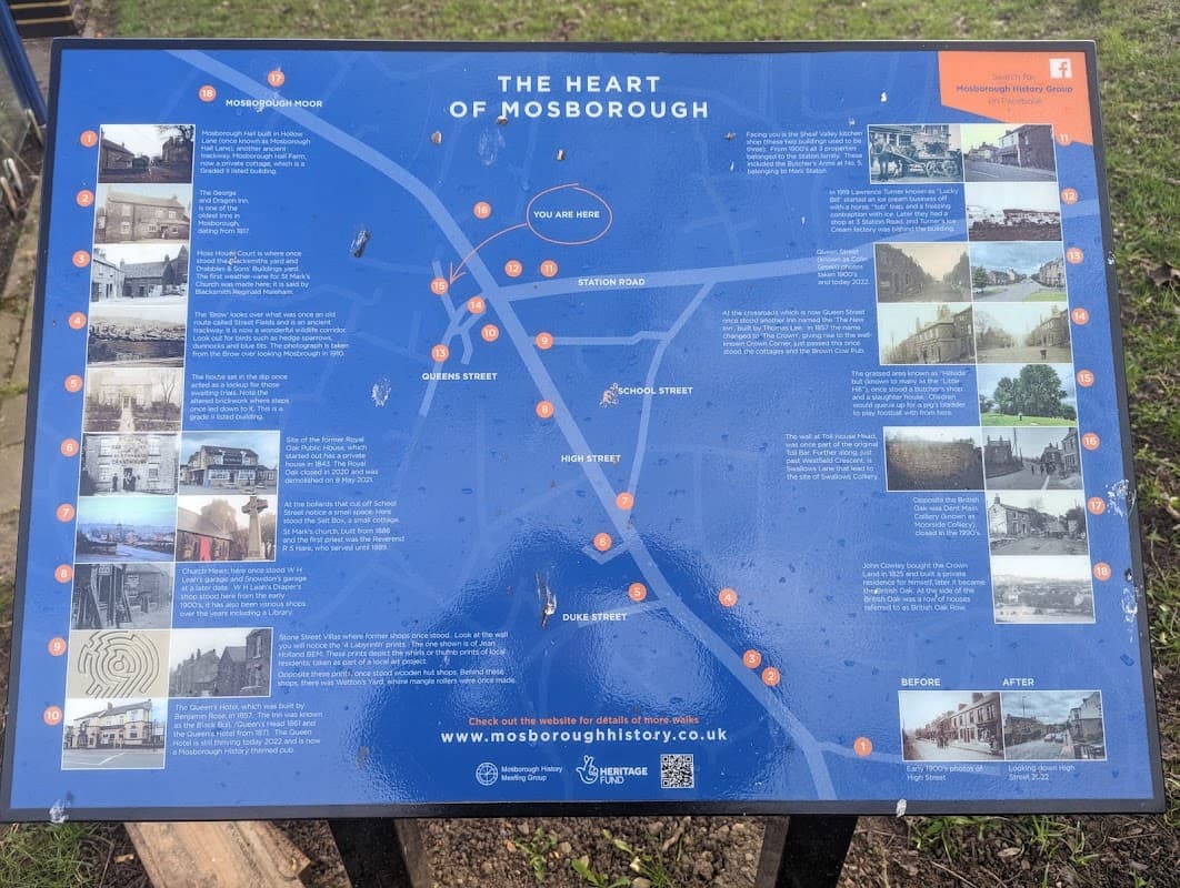 Map of Mosborough highlighting historical sites and streets, with images and descriptions of local history.