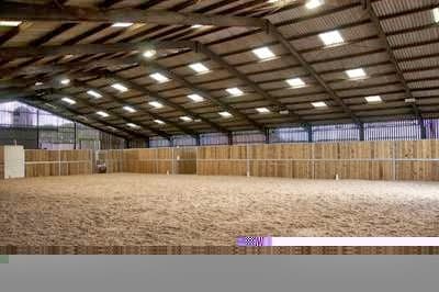 Spacious indoor riding arena with wooden walls and sandy floor, illuminated by overhead lights.