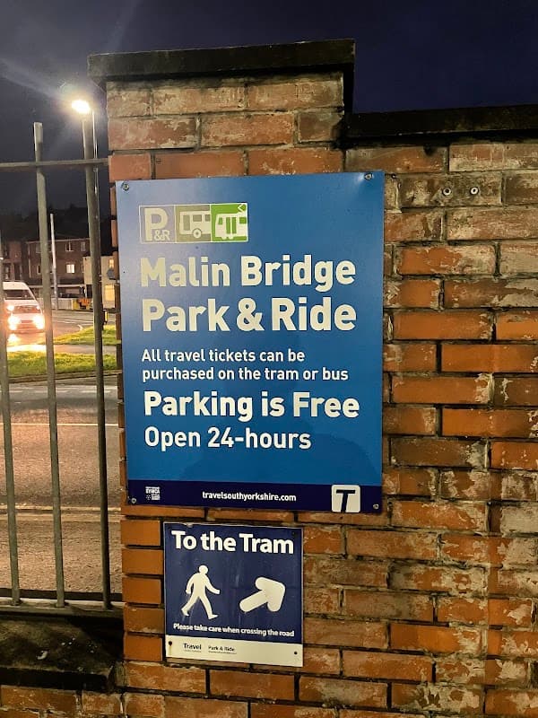 Sign for Malin Bridge Park & Ride, detailing free parking, 24-hour access, and ticket purchasing options.