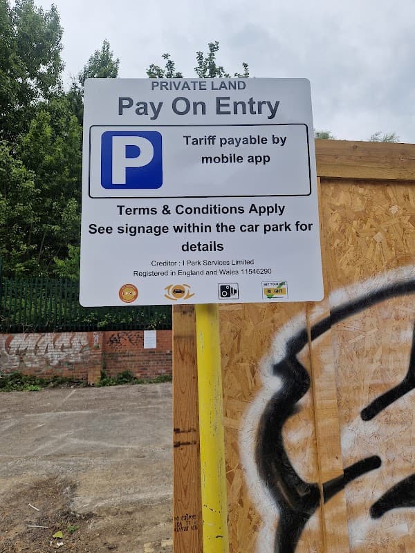 Pay & Display sign at Manners Street car park, Neepsend, detailing payment method and terms.