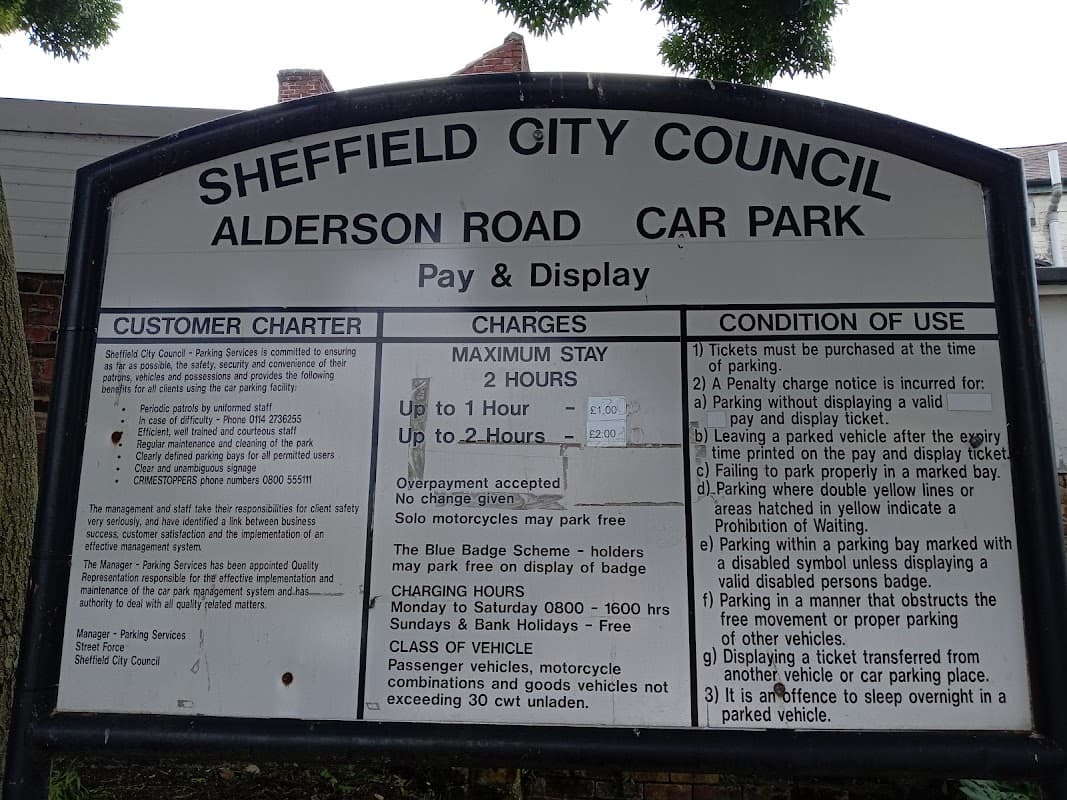 Sign for Alderson Road Car Park detailing parking rules, charges, and conditions in Sheffield, Yorkshire.