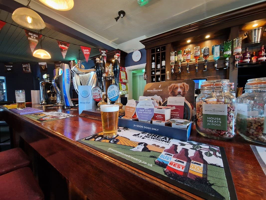 A cozy bar interior featuring a wooden counter, beer taps, a pint of beer, and dog treat jars. Banners hang above.