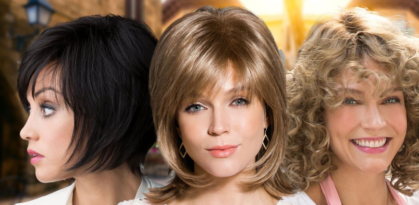 Three women showcasing different wig styles: sleek black bob, smooth blonde layers, and curly blonde hair.