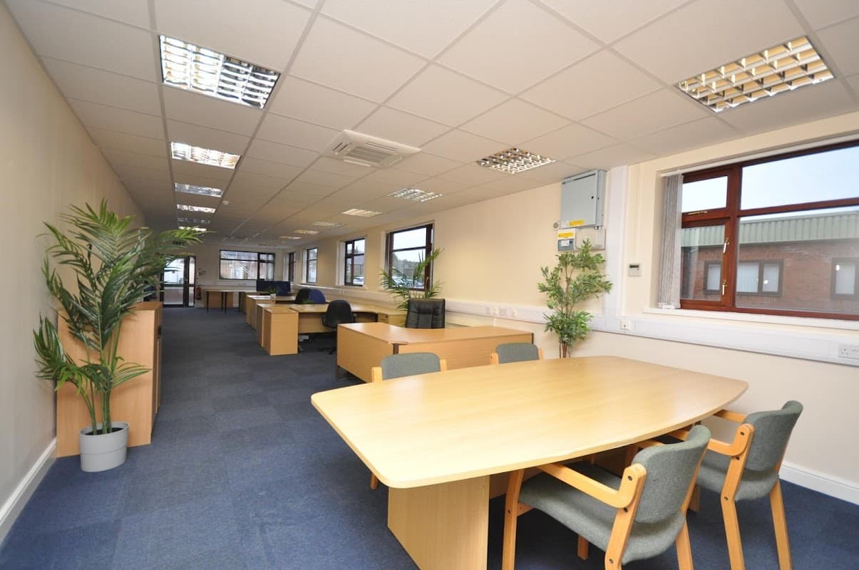 Bright, spacious office interior with wooden desks, chairs, and potted plants, featuring large windows and carpeted flooring.