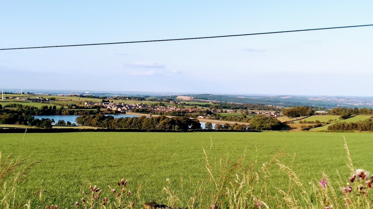 View of lush green fields, a reservoir, and a village in the distance under a clear blue sky in Yorkshire.