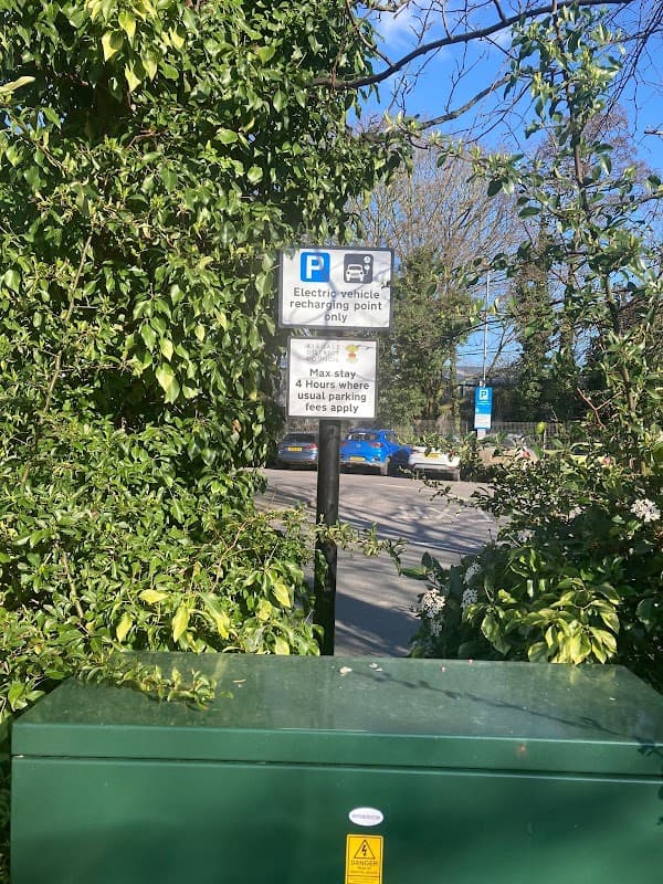 Electric vehicle charging point sign surrounded by greenery, with a view of a road and parked cars in the background.