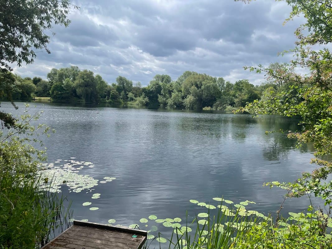 Tranquil pond surrounded by lush greenery and lily pads under a cloudy sky at Sugar Mill Ponds, Rawcliffe Bridge.