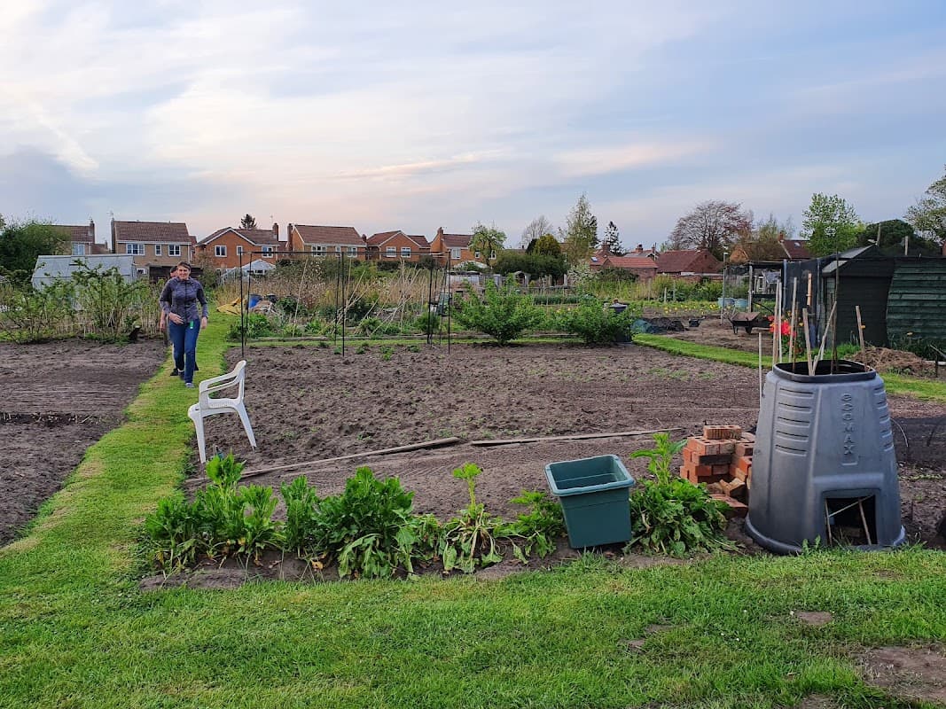 A person walks through a community garden with plots, green plants, a compost bin, and houses in the background.