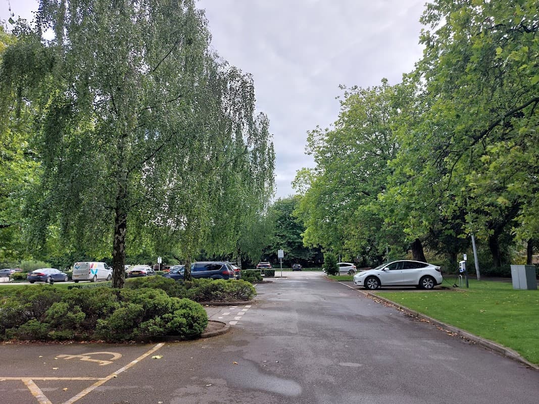 Pay & Display car park at Clifton Park Museum, lined with trees and shrubs, featuring parked cars and a cloudy sky.