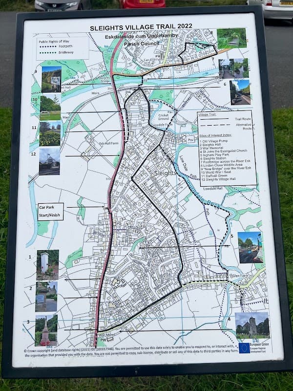 Map of Sleights Village Trail 2022, detailing paths, landmarks, and car park locations in Ruswarp, Yorkshire.