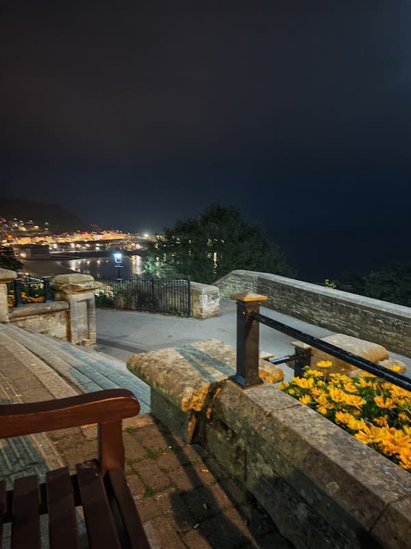 Night view of Scarborough coastline with flowers, benches, and distant lights reflecting on the water.