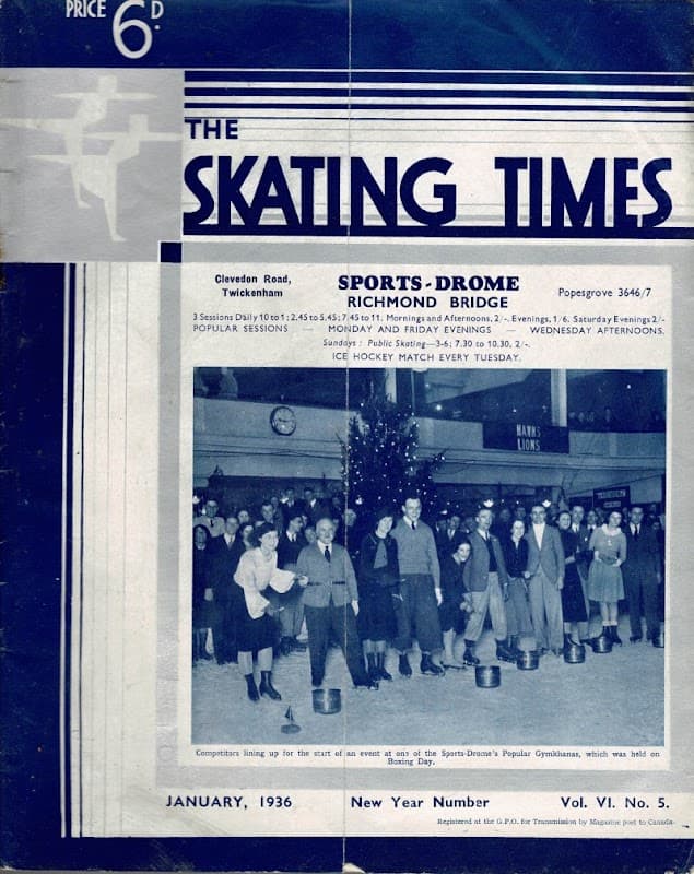 Cover of "The Skating Times" magazine from January 1936, featuring a group of people in a sports venue.