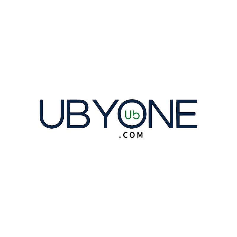 Logo of Ubyone featuring bold lettering in blue and green, with ".com" at the end.