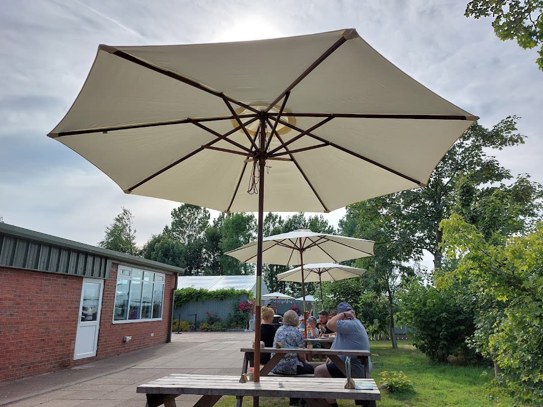 Outdoor seating with large umbrellas at Mr Moo's Ice Cream Parlour in Skipsea, Yorkshire, surrounded by greenery.