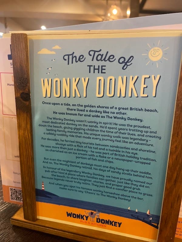 Sign displaying "The Tale of The Wonky Donkey" at the Wonky Donkey pub in Skirlington, Yorkshire.