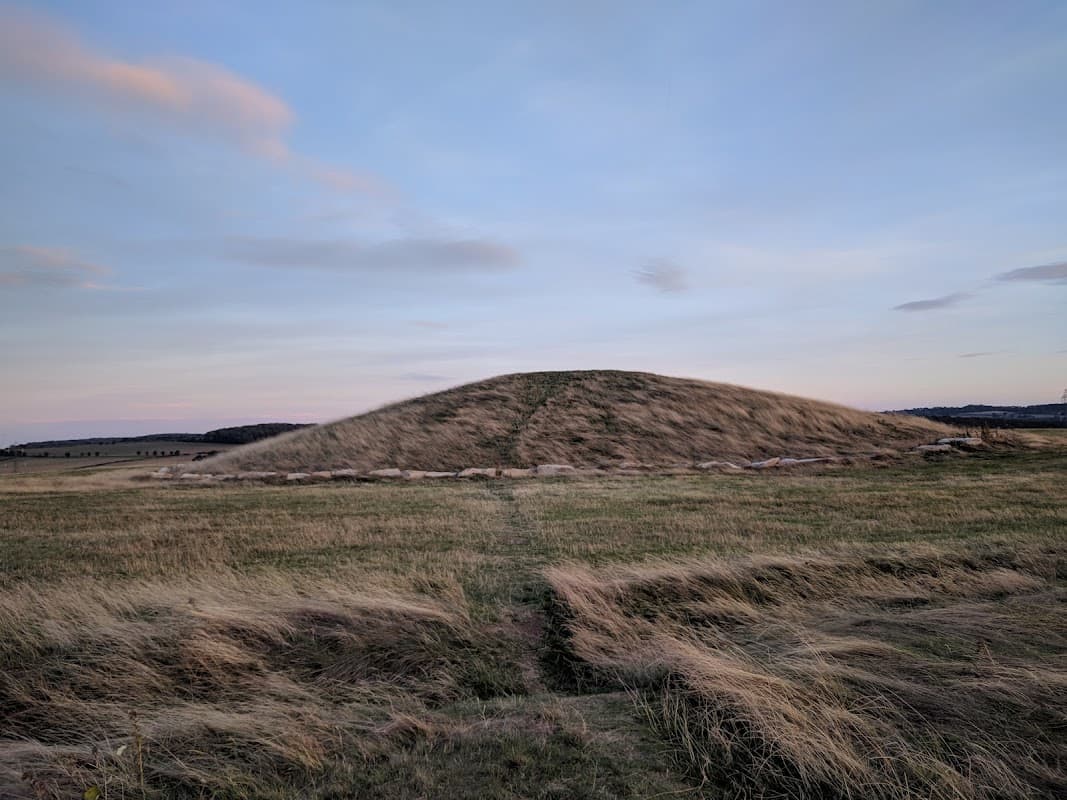 Rolling grassy hill under a pastel sky, with a path leading up the slope in a serene outdoor setting.