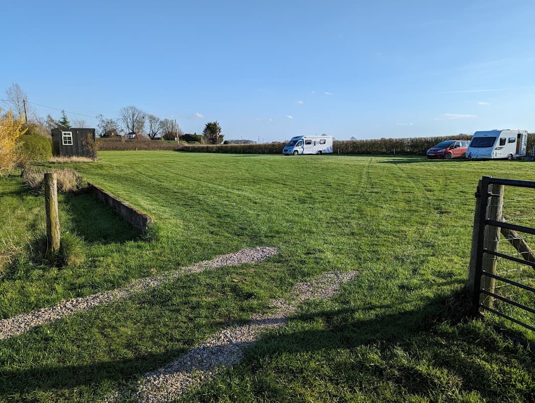 Green campsite with parked caravans and a clear blue sky, bordered by hedges and a gravel path.