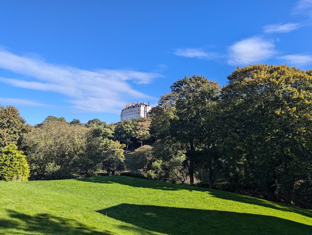 Lush green park with trees and a grand building atop a hill under a bright blue sky with scattered clouds.