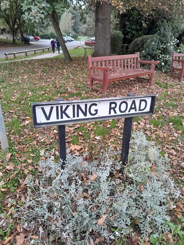 Viking Road sign amidst fallen leaves, with benches and trees in the background, indicating a free parking area.