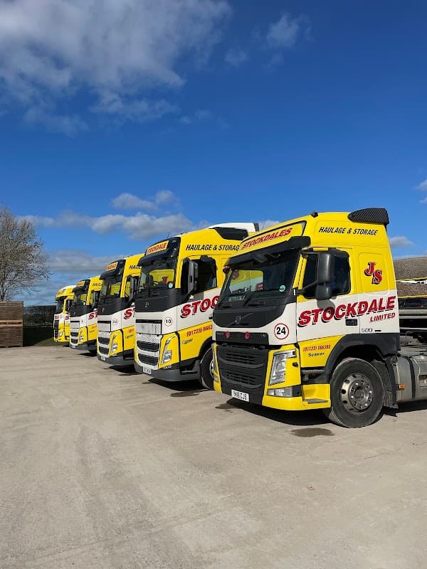 Five yellow trucks lined up, featuring "Stockdale Ltd" branding, parked on a concrete surface under a blue sky.