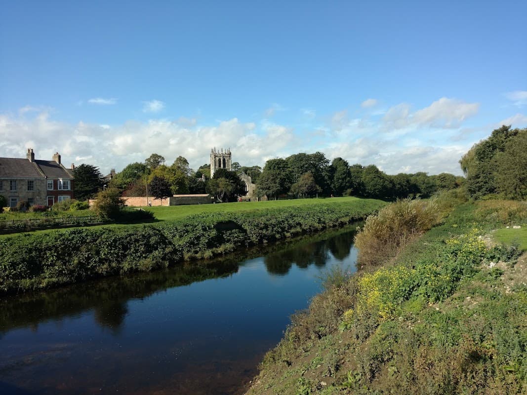 View of a serene riverbank with lush greenery, a distant church tower, and a clear blue sky in Tadcaster.