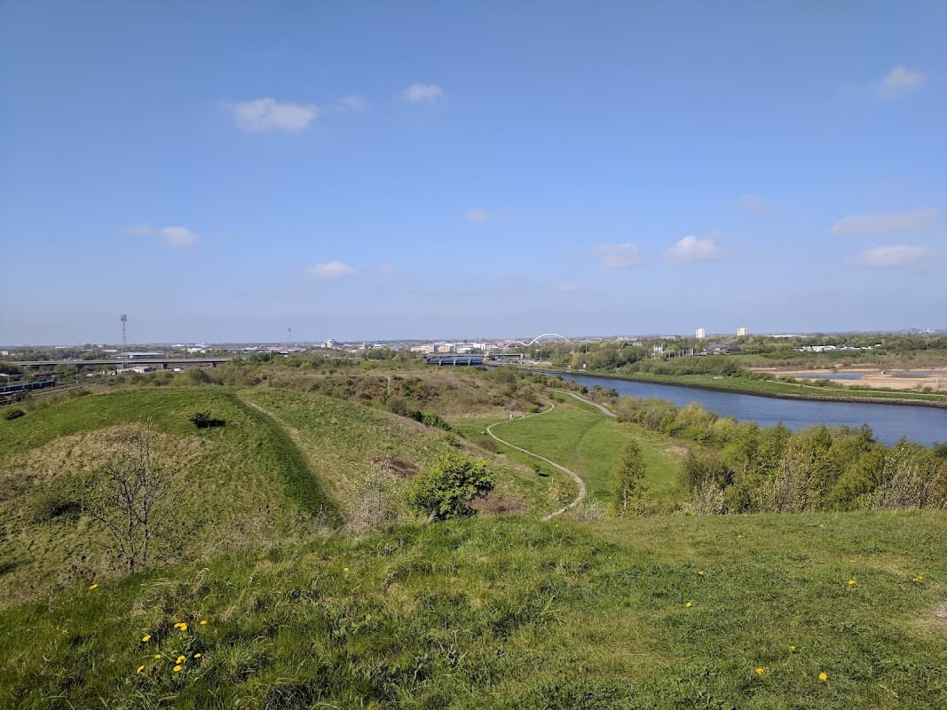 Lush green hills overlook a winding river, with a clear blue sky and distant buildings in the background.