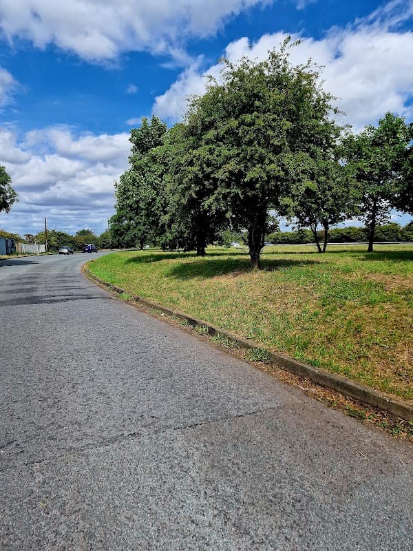Curved road lined with trees and grassy areas, with a cloudy blue sky above in Thimbleby, North Yorkshire.