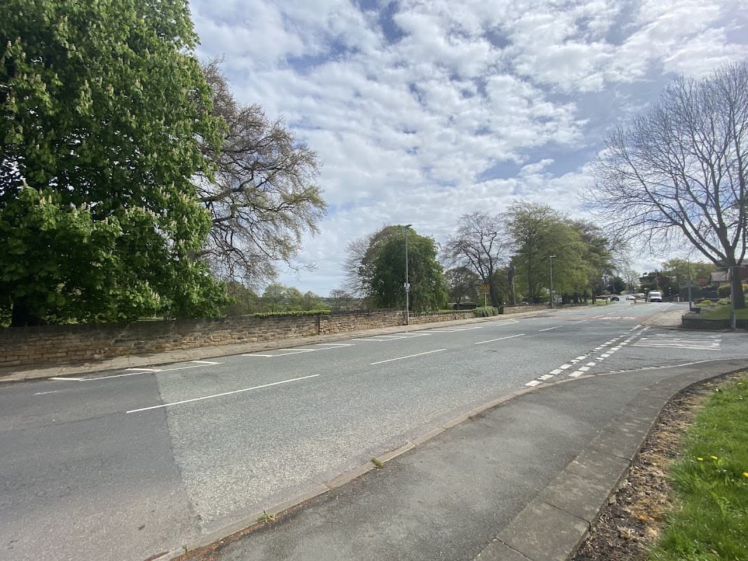 A quiet road lined with trees and a stone wall, under a partly cloudy sky at Rectory Park, Thornhill.