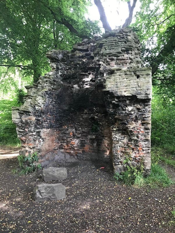 Ruins of Thornhill Hall surrounded by lush greenery, with remnants of stone walls and a few scattered rocks.