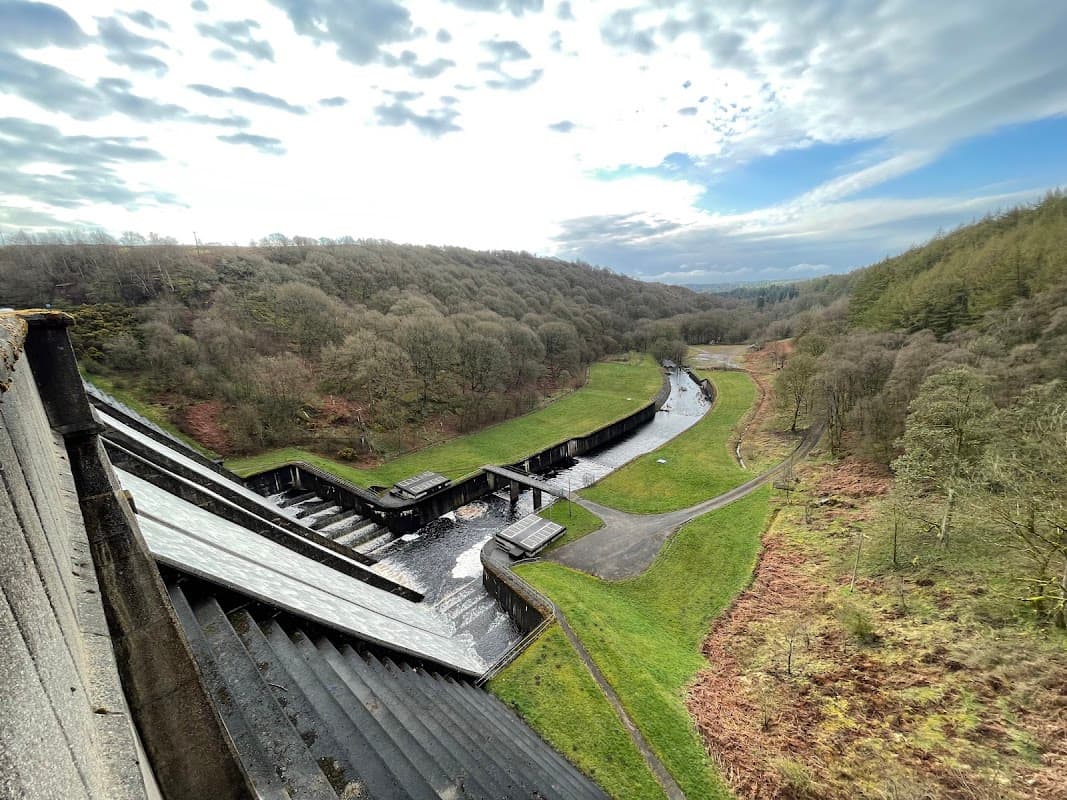View of Thruscross Reservoir with a winding stream, surrounded by wooded hills under a cloudy sky.
