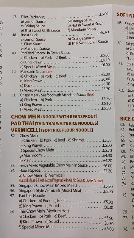 Menu listing for "New Pioneer Takeaway" featuring various dishes and prices, including chicken, pork, and noodle options.