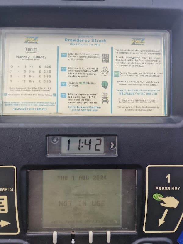 Parking machine displaying rates, instructions, and time at Providence Street Car Park in Wakefield, Yorkshire.