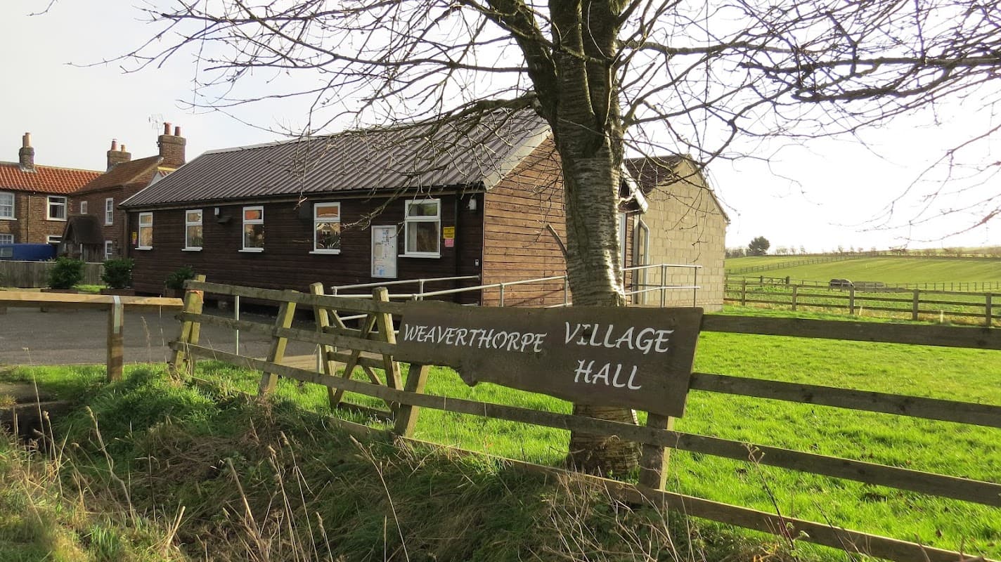 Weaverthorpe Village Hall with a wooden sign, surrounded by grass and fields, near a rural road.